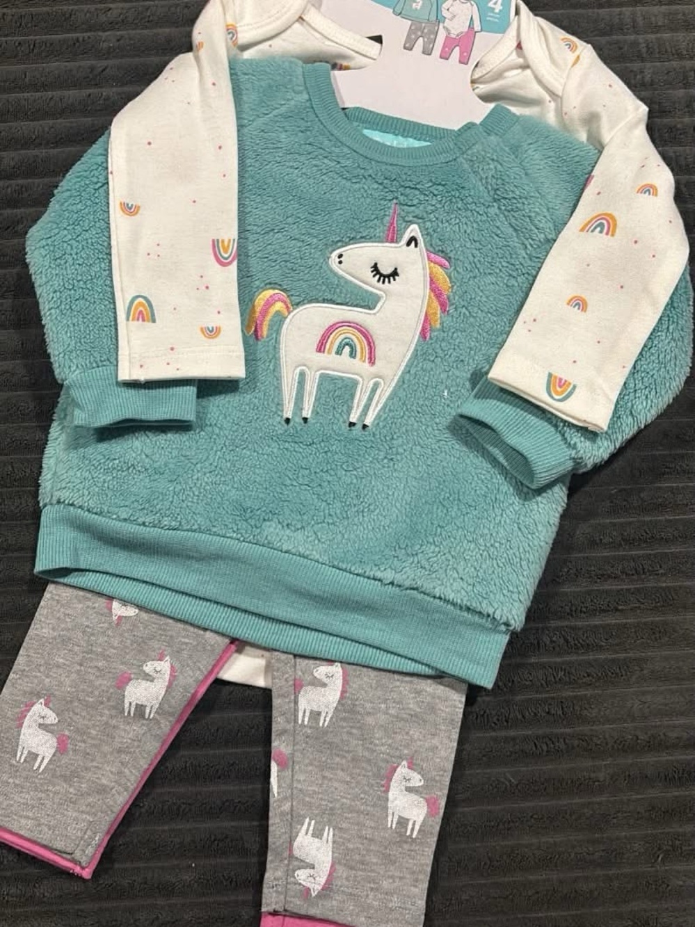 Teal Unicorn Kids Pajama Set with Rainbow Accents